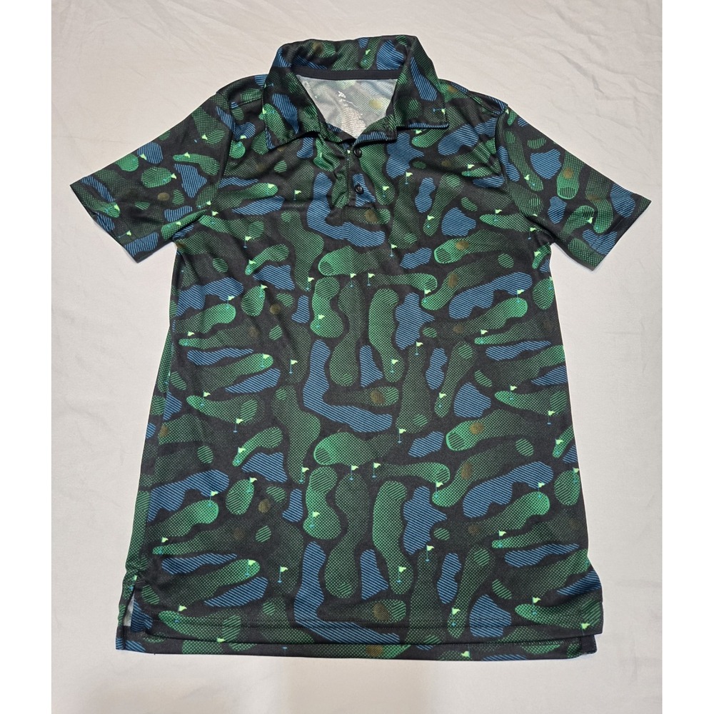 All In Motion Boys‎ 14 (XL) Polo Golf Performance Shirt Blue Green Black Print
